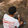 Red coyote print hemp T-shirt on male back