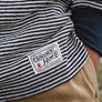 black and white stripe hemp long sleeve woven label detail