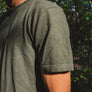 Moss green hemp T-shirt on male close-up