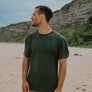 Moss green hemp T-shirt on male front