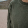 Moss green hemp T-shirt on male close-up