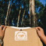 Yellow striped hemp long sleeve screen printed label close up