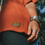 hand-dyed red hemp T-shirt woven label close-up