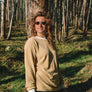 Yellow striped hemp long sleeve on female front