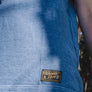 midnight blue hemp T-shirt woven label close-up
