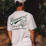 Hemp t-shirt with green coyote print on back on model