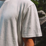 Hemp t-shirt with green coyote print front details on model