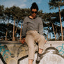 black and white stripe hemp long sleeve on female front