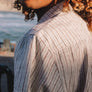short sleeve hemp shirt with coconut buttons close up on male