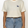 Sustainable Hemp T-shirt with blue crane bird embroidery on chest front female