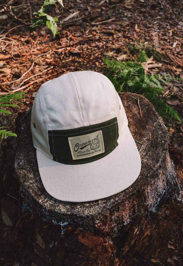 hemp 5 panel cap in natural color with coyote patch