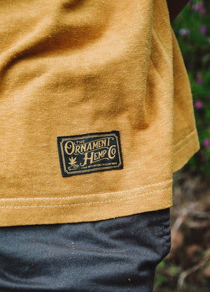 yellow hemp t-shirt woven ornament label detail