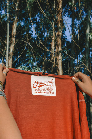 hand-dyed red hemp T-shirt screen printed label