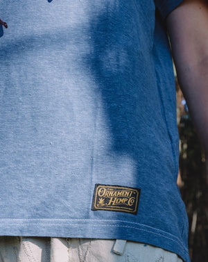 midnight blue hemp T-shirt woven label close-up