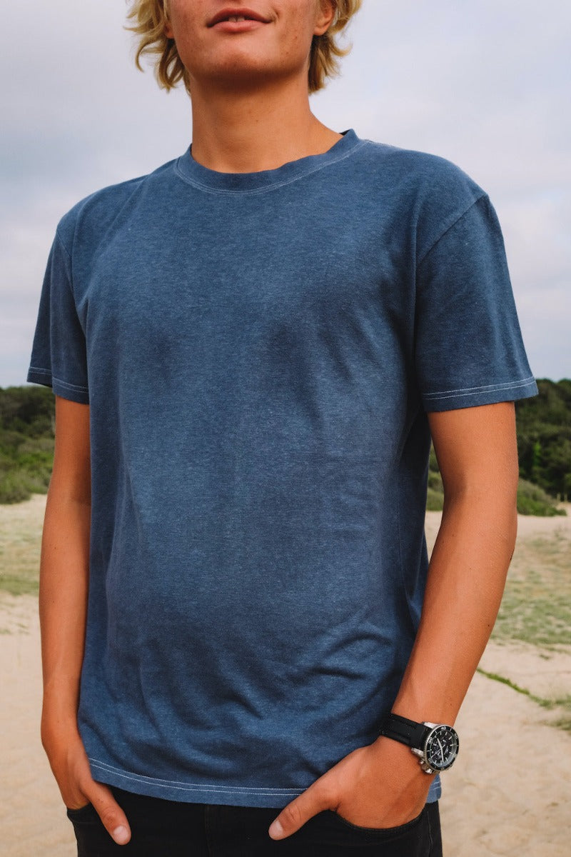 hand-dyed blue hemp T-shirt on male model