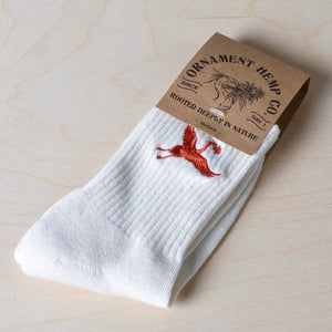 ornament hemp socks with crane embroidery in red color