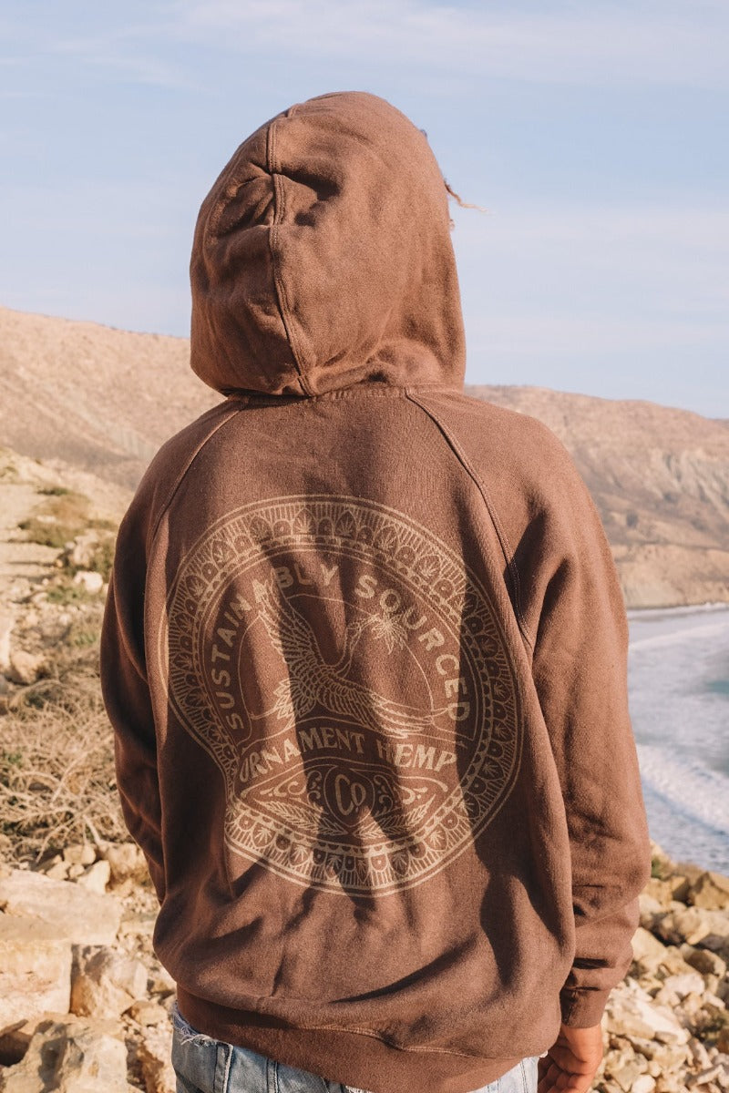 Sustainable hemp and bamboo hoodie in brown color with crane print on back