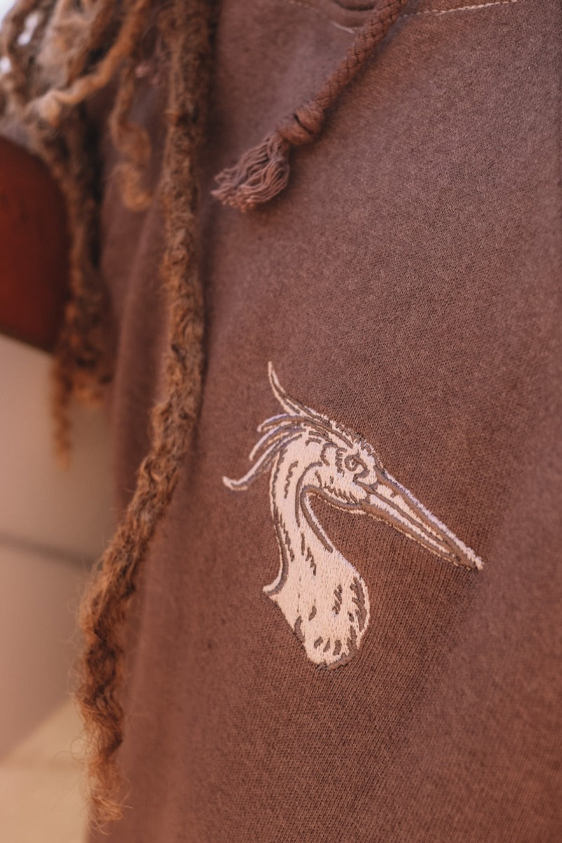 Sustainable hemp and bamboo hoodie in brown color with crane chest embroidery