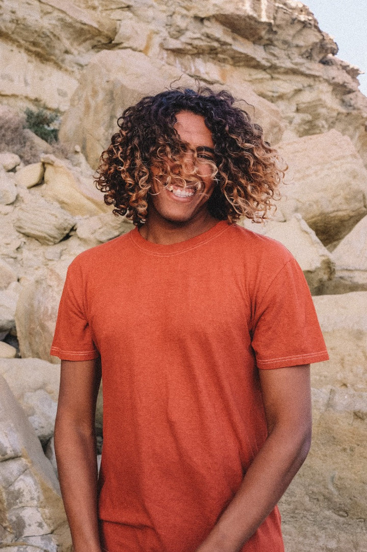 hand-dyed red hemp T-shirt on male model