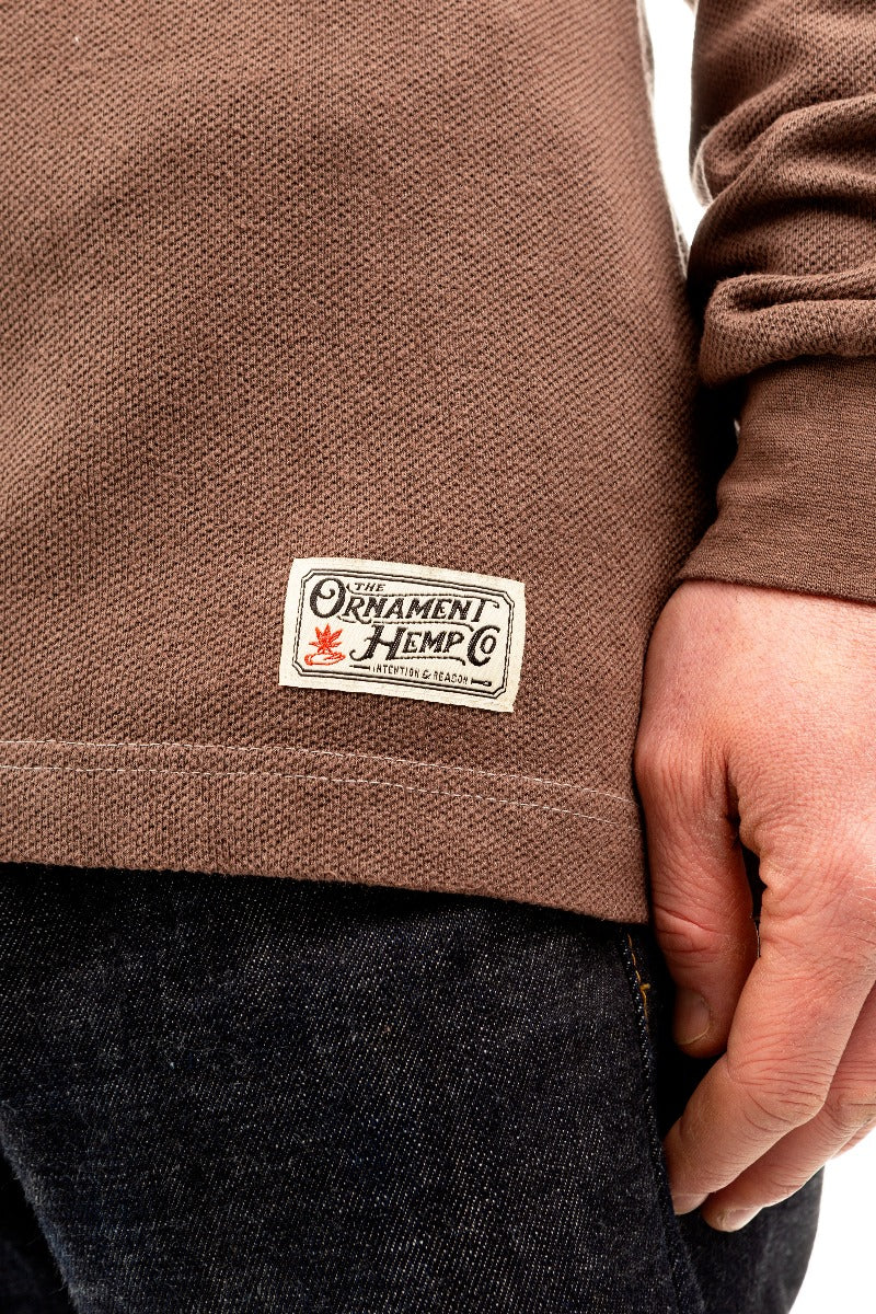 hand-dyed stone grey hemp long sleeve woven label detail