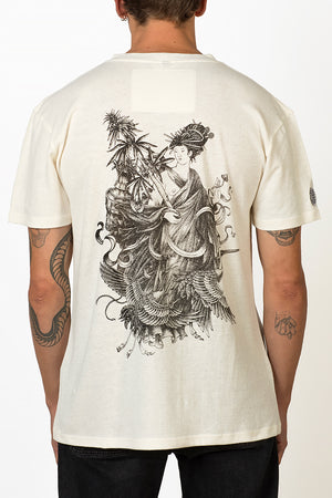 Sustainable Hemp T-shirt with black screenprint of magu the hemp godess on back male felix de kapitein collaboration