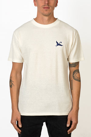 Sustainable Hemp T-shirt with blue crane bird embroidery on chest front male