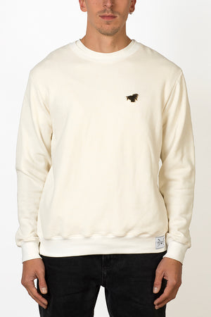 Hemp and bamboo natural crewneck sweater with removable crane bird pin front male