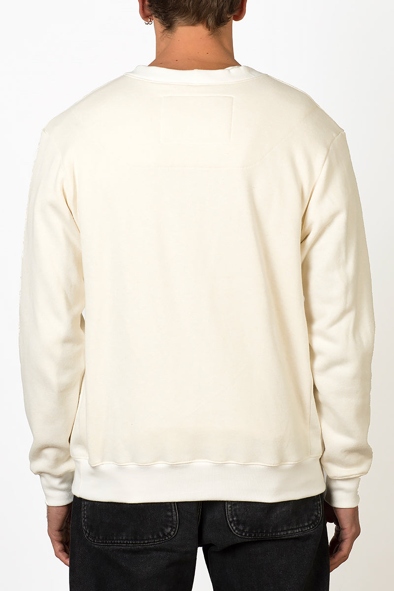 Hemp and bamboo natural crewneck sweater with removable crane bird pin back male