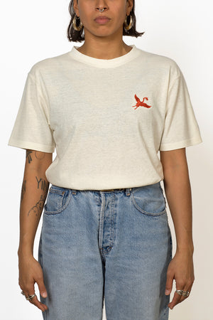 Sustainable Hemp T-shirt with red crane bird embroidery on chest front female