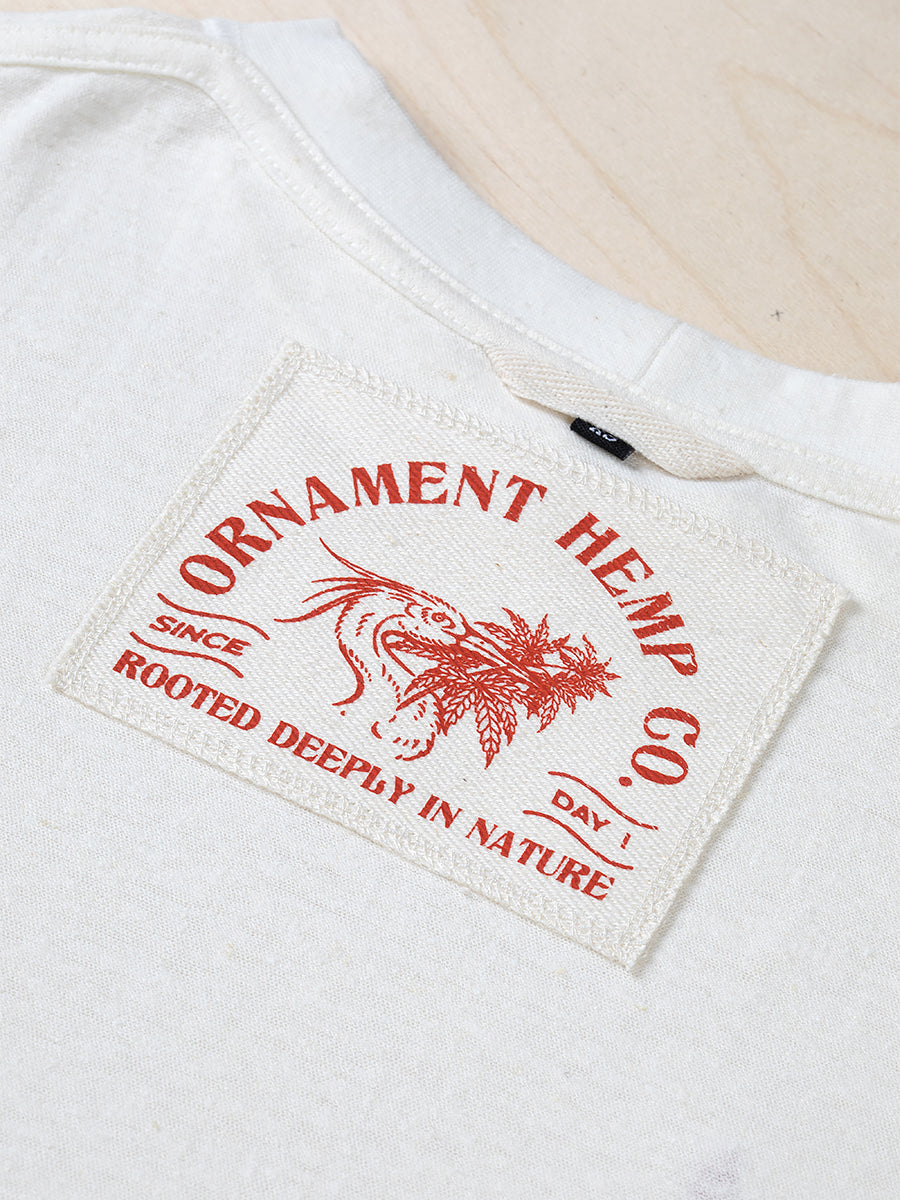 Sustainable Hemp T-shirt with red crane bird screen printed neck label