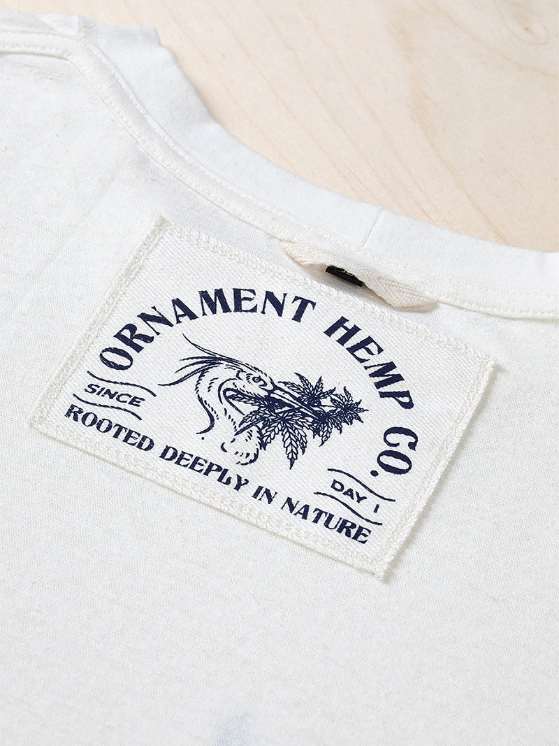 Sustainable Hemp T-shirt with blue crane bird screen printed neck label