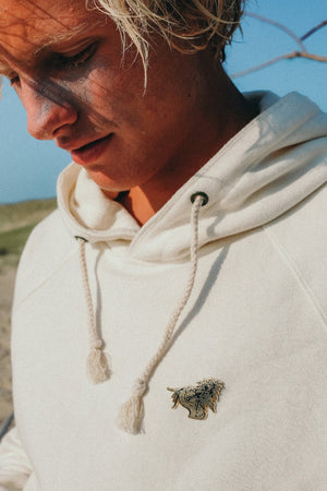 hemp and bamboo fleece hoodie front with crane pin and details