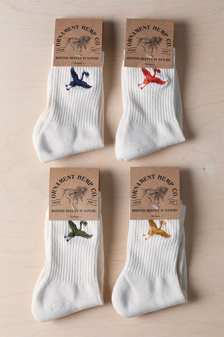 collection of embroidered hemp socks with crane bird embroidery